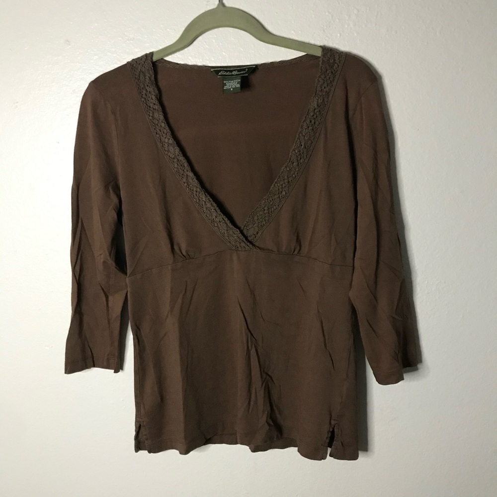 Eddie Bauer 3/4 sleeve brown top v neck size S